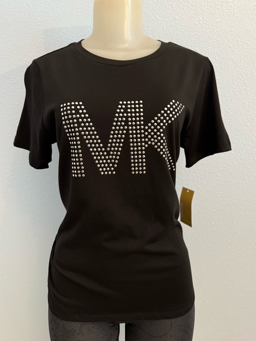 Michael Kors Black Tee with Silver Studded MK Logo